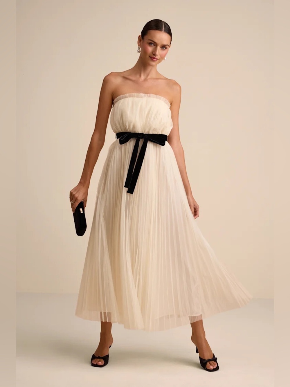 Lulu's Strapless Cream Pleated Midi Dress with Black Velvet Bow